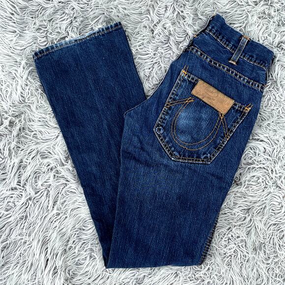 VTG Y2K True Religion Button Fly Flared Low Rise Denim Jeans Leather Patch 27 - Picture 2 of 14